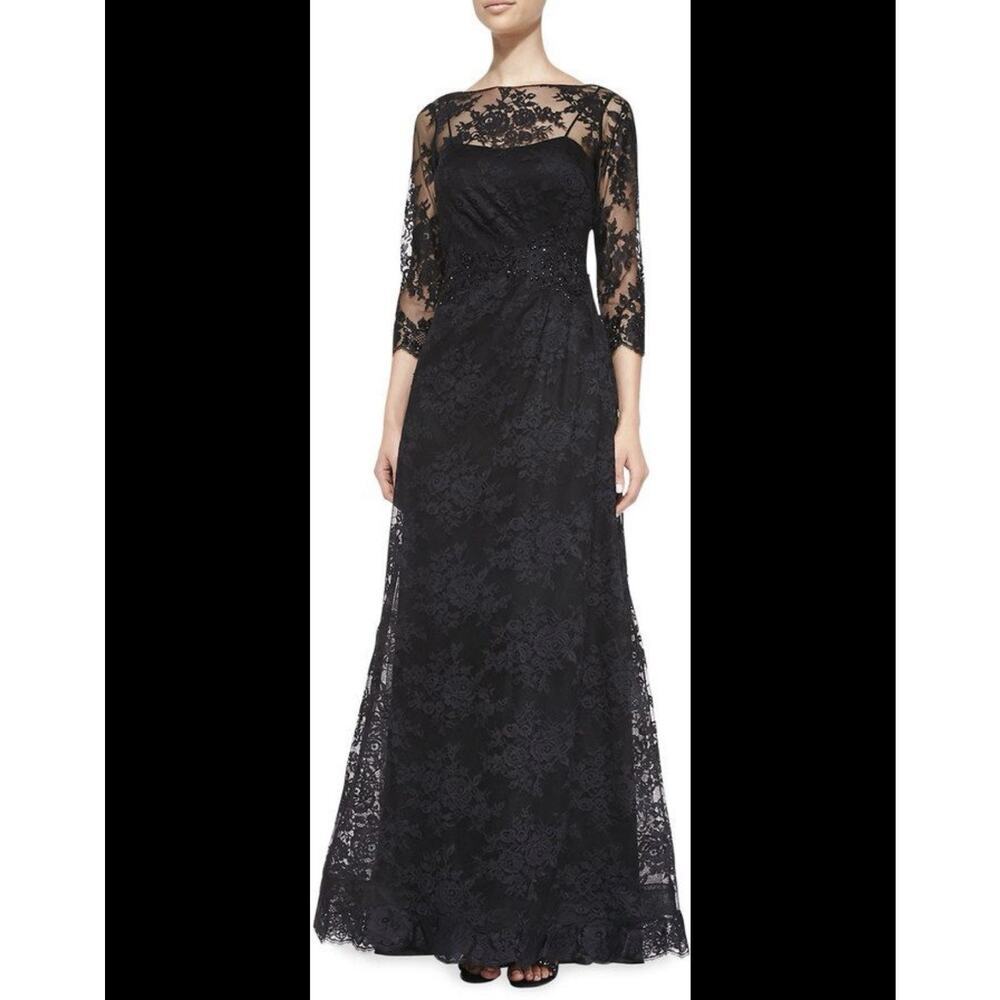 Rickie Freeman Teri Jon 3/4 Sleeves Lace Overlay Ruched Gown Black Beaded Size 8